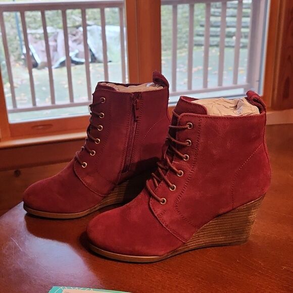 Diba Blake Leather Suede Ankle Lace Up & Zip Up Wedge Heeled Boots, Burgundy - Picture 2 of 10